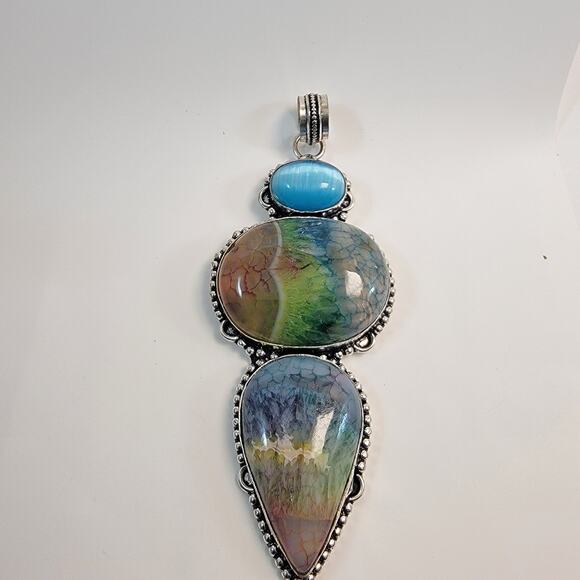 Handmade Rainbow Fluorite and Blue Chalcedony Pendant in Sterling Silver Setting - Picture 2 of 10